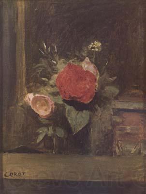 Jean Baptiste Camille  Corot Bouquet de fleurs dans un verre a cote d'un pot a tabac (mk11)